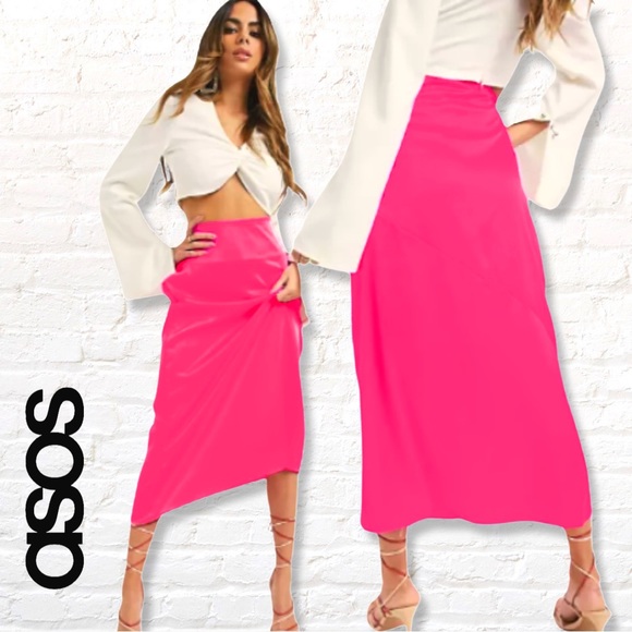 ASOS Curve Dresses & Skirts - Asos Curve Unique 21 paneled satin midi skirt in neon pink Plus Size 14